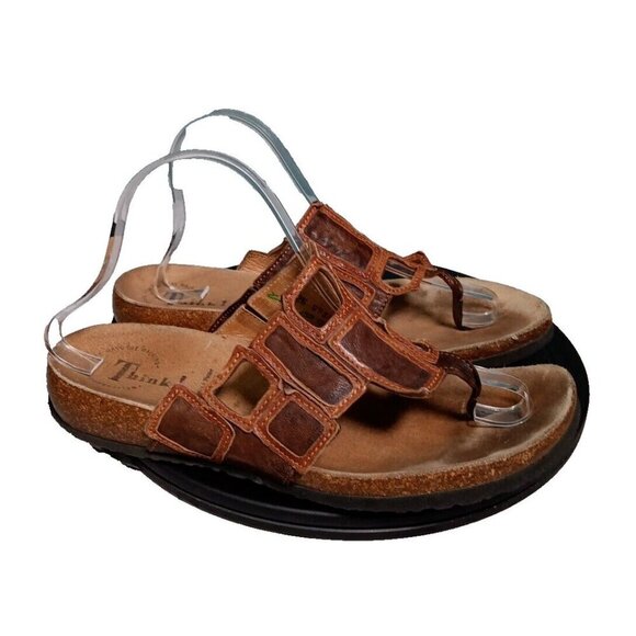 THINK Julia Womens Size 41 Thong Sandals Mosaic Geometric Slides Corkbed Leather - Picture 1 of 13
